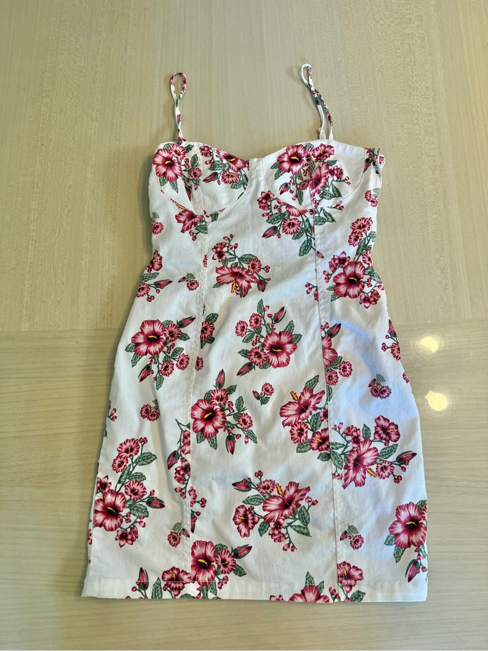 🌺 White Denim Bustier Hibiscus Floral Dress H&M Pink Flowers Large Sweetheart